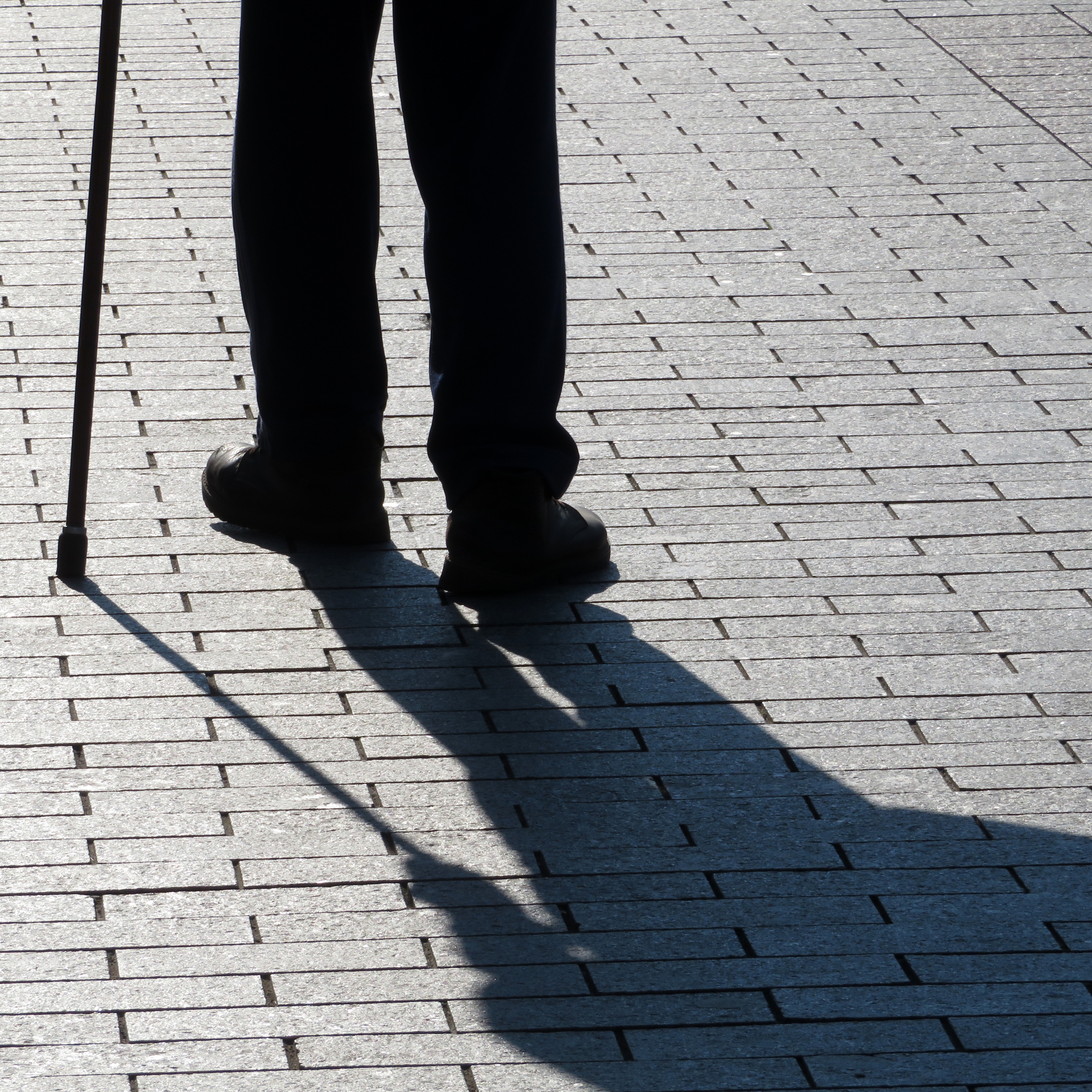 A man's legs and cane cast shadows on a brick terrace