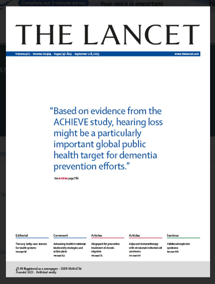 Cover of the Lancet medical journal features a pull-quote describing ACHIEVE main results